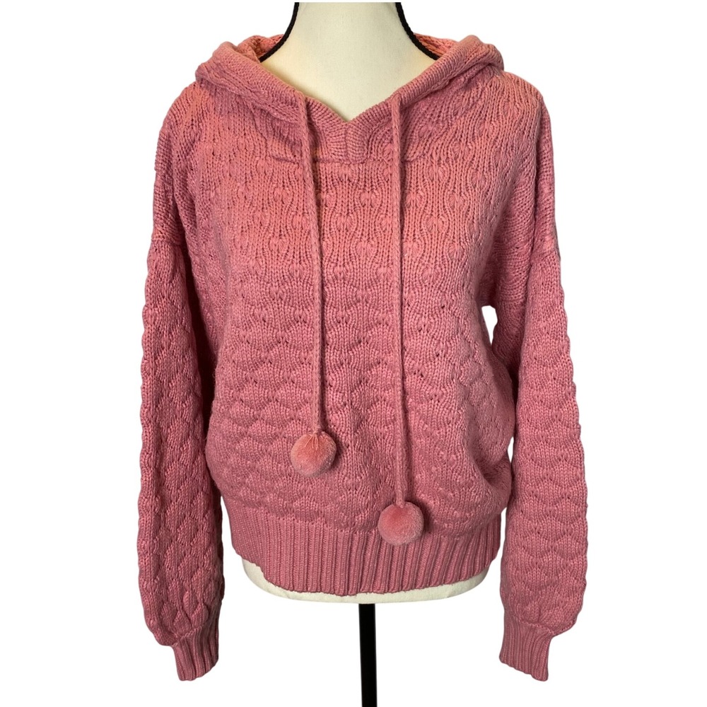Rue Stiic‎ Anthropologie Cable Knit Pom Pom Hooded Sweater Medium Balloon Sleeve